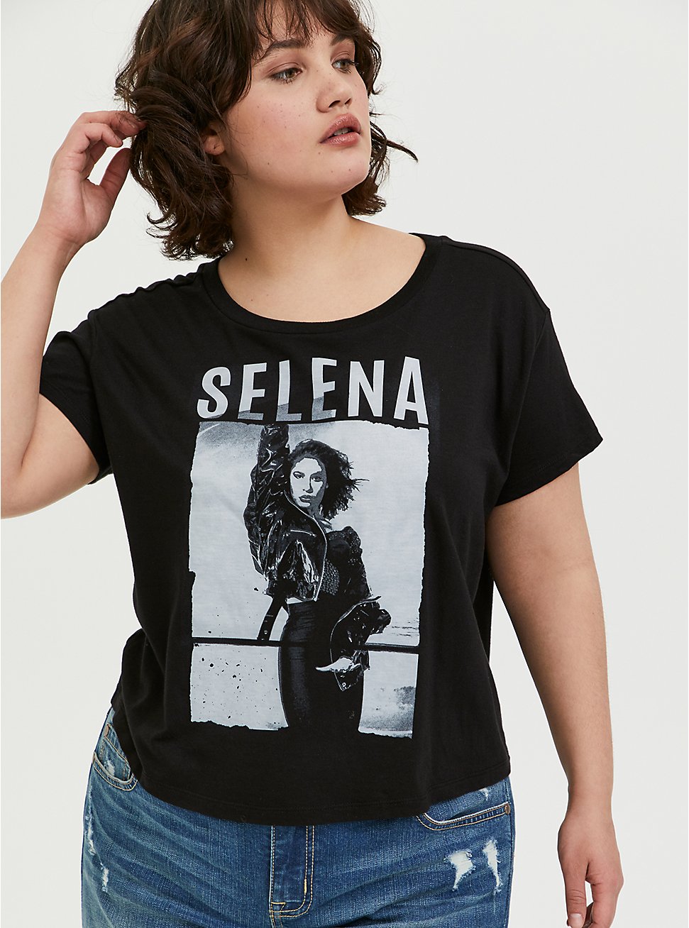 Plus Size Selena Black Crop Crew Tee, DEEP BLACK, hi-res