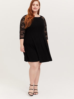 Plus Size - Black Jersey & Lace Trapeze Mini Dress - Torrid