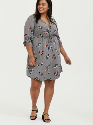 Plus Size - Grey Floral Challis Zip Front Drawstring Shirt Dress - Torrid