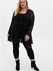 Plus Size Black Lace Fit & Flare Kimono, DEEP BLACK, alternate