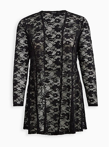 Black Lace Fit & Flare Kimono, DEEP BLACK, hi-res