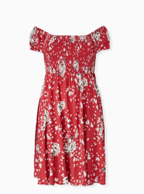 red floral smock dress