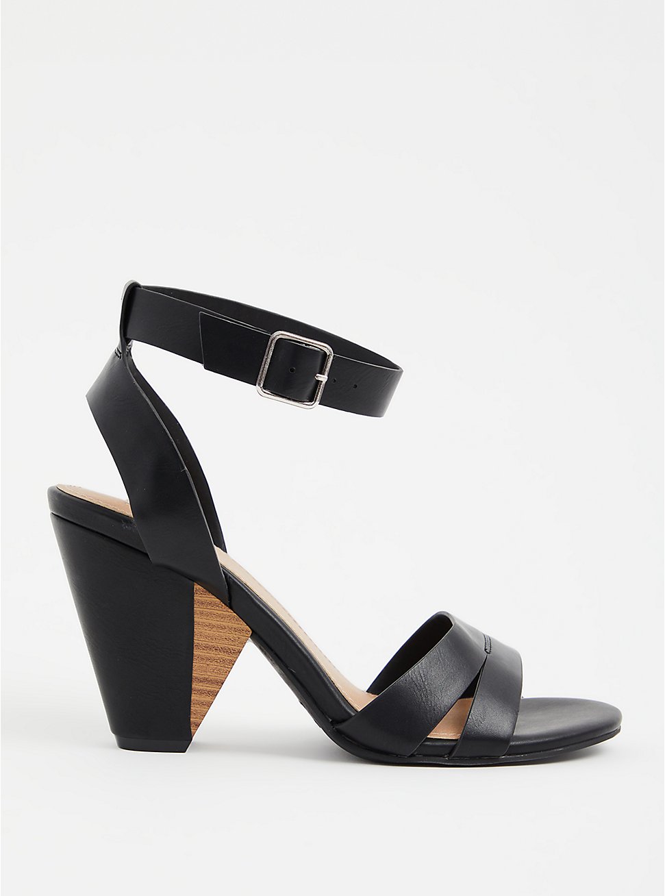 Black Faux Leather Ankle Strap Cone Heel (WW), BLACK, hi-res