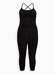 Plus Size Black Crisscross Back Crop Active Jumpsuit , DEEP BLACK, hi-res