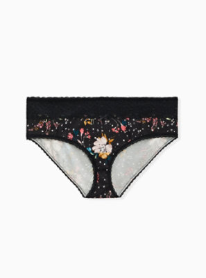 Plus Size - Black Floral Wide Lace Cotton Hipster Panty - Torrid