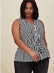 Black & White Stripe Georgette Peplum Tie Front Sleeveless Blouse, STRIPE -BLACK, hi-res