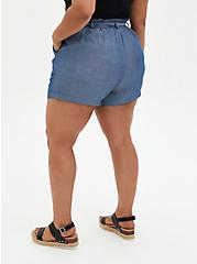 Plus Size Self Tie Paperbag Waist Mid Short - Chambray Blue, CHAMBRAY, alternate