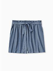 Plus Size Self Tie Paperbag Waist Mid Short - Chambray Blue, CHAMBRAY, hi-res