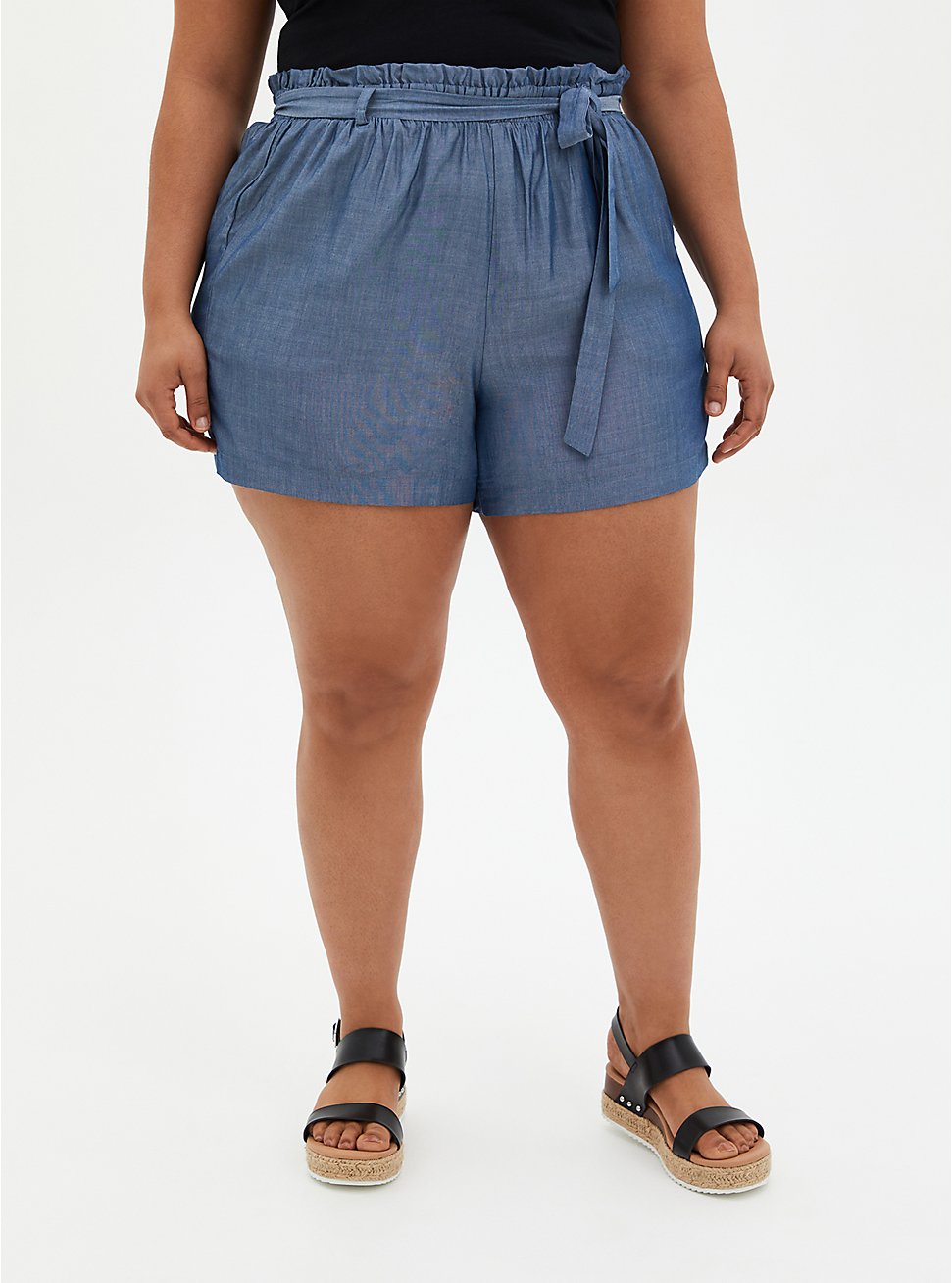 Self Tie Paperbag Waist Mid Short - Chambray Blue, CHAMBRAY, hi-res