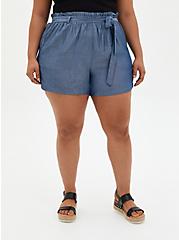 Self Tie Paperbag Waist Mid Short - Chambray Blue, CHAMBRAY, hi-res