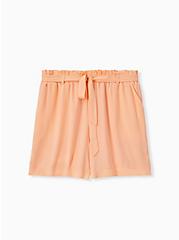 Plus Size 5 Inch Pull-On Stretch Challis Mid-Rise Tie-Front Paperbag Waist Short, PEACH NECTAR, hi-res