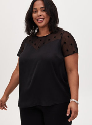 Plus Size - Black Dotted Mesh & Charmeuse Top - Torrid