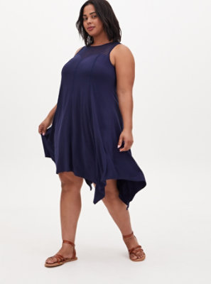 Plus Size - Navy Jersey Lace Yoke Handkerchief Fluted Dress - Torrid