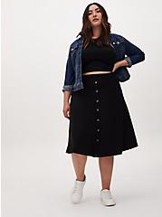 Plus Size Black Rib Button Midi Skirt, DEEP BLACK, alternate