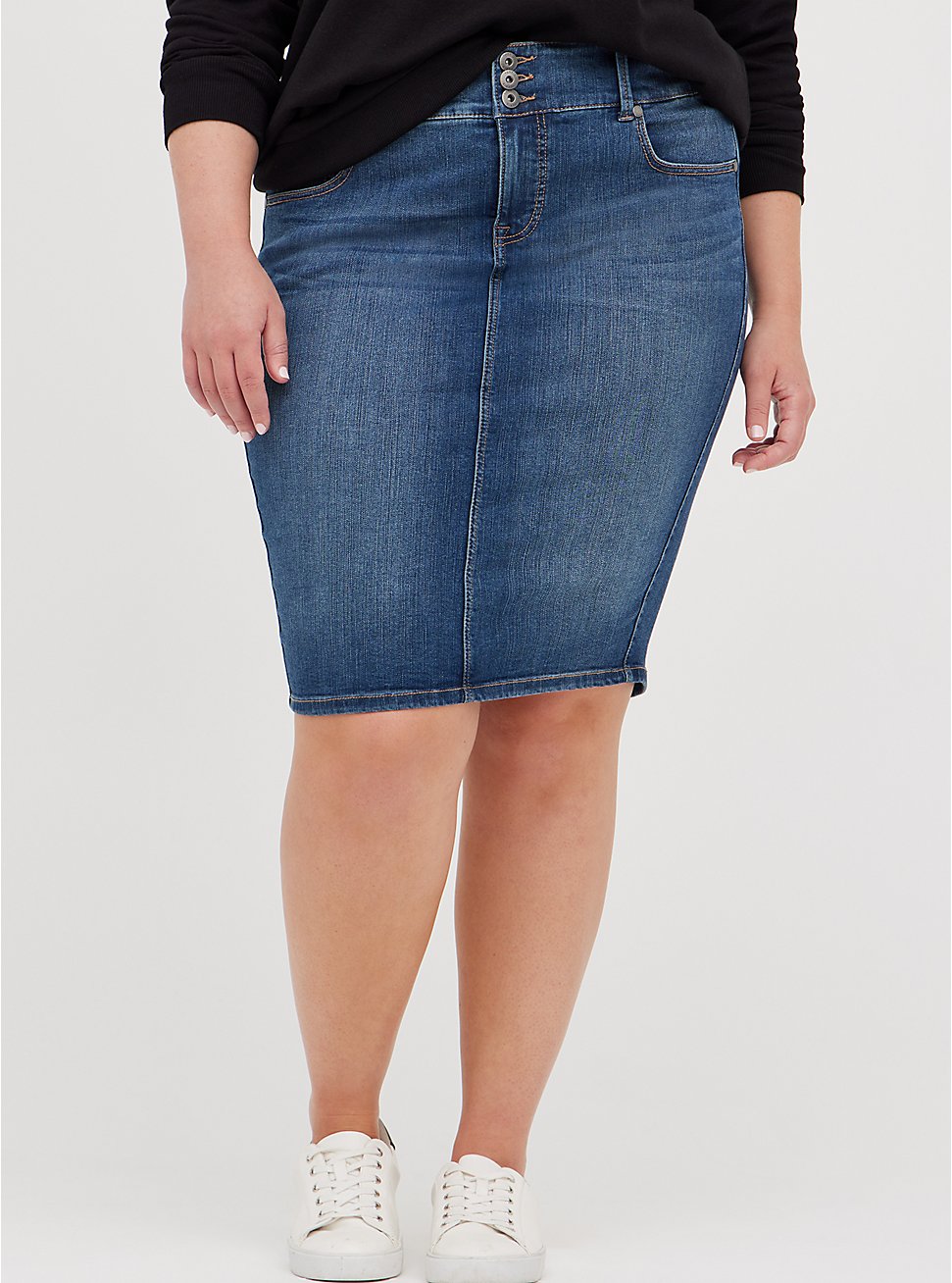 Plus Size Jegging Denim Midi Skirt - Medium Wash, BRIGHTON, hi-res