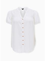 Plus Size White Stretch Woven Lace Inset Button Front Blouse, CLOUD DANCER, hi-res