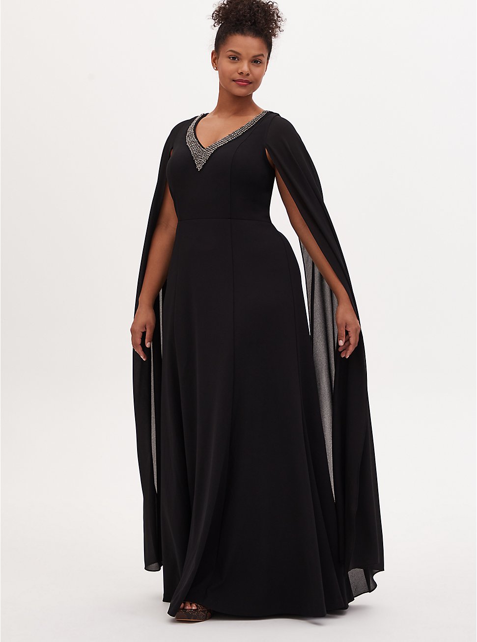 Disney Maleficent Special Occasion Black Crepe & Georgette Cape Sleeve Gown , DEEP BLACK, hi-res