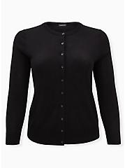 Plus Size Black Cotton Button Front Cardigan, DEEP BLACK, hi-res
