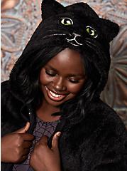 Plus Size Fuzzy Black Cat Face Zip Hoodie, DEEP BLACK, hi-res