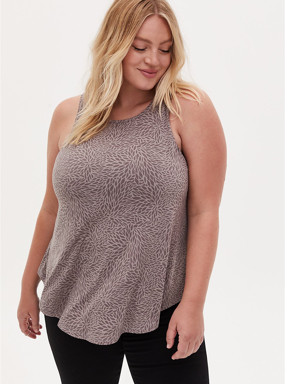 Plus Size - Pebble Grey Abstract Floral Studio Knit High Neck Tank - Torrid