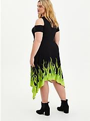 Plus Size Disney Sleeping Beauty Maleficent Flame Cold Shoulder Sharkbite Black Dress , BLACK  GREEN, alternate