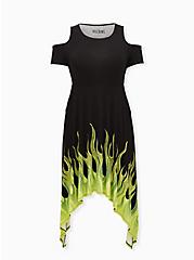Plus Size Disney Sleeping Beauty Maleficent Flame Cold Shoulder Sharkbite Black Dress , BLACK  GREEN, hi-res