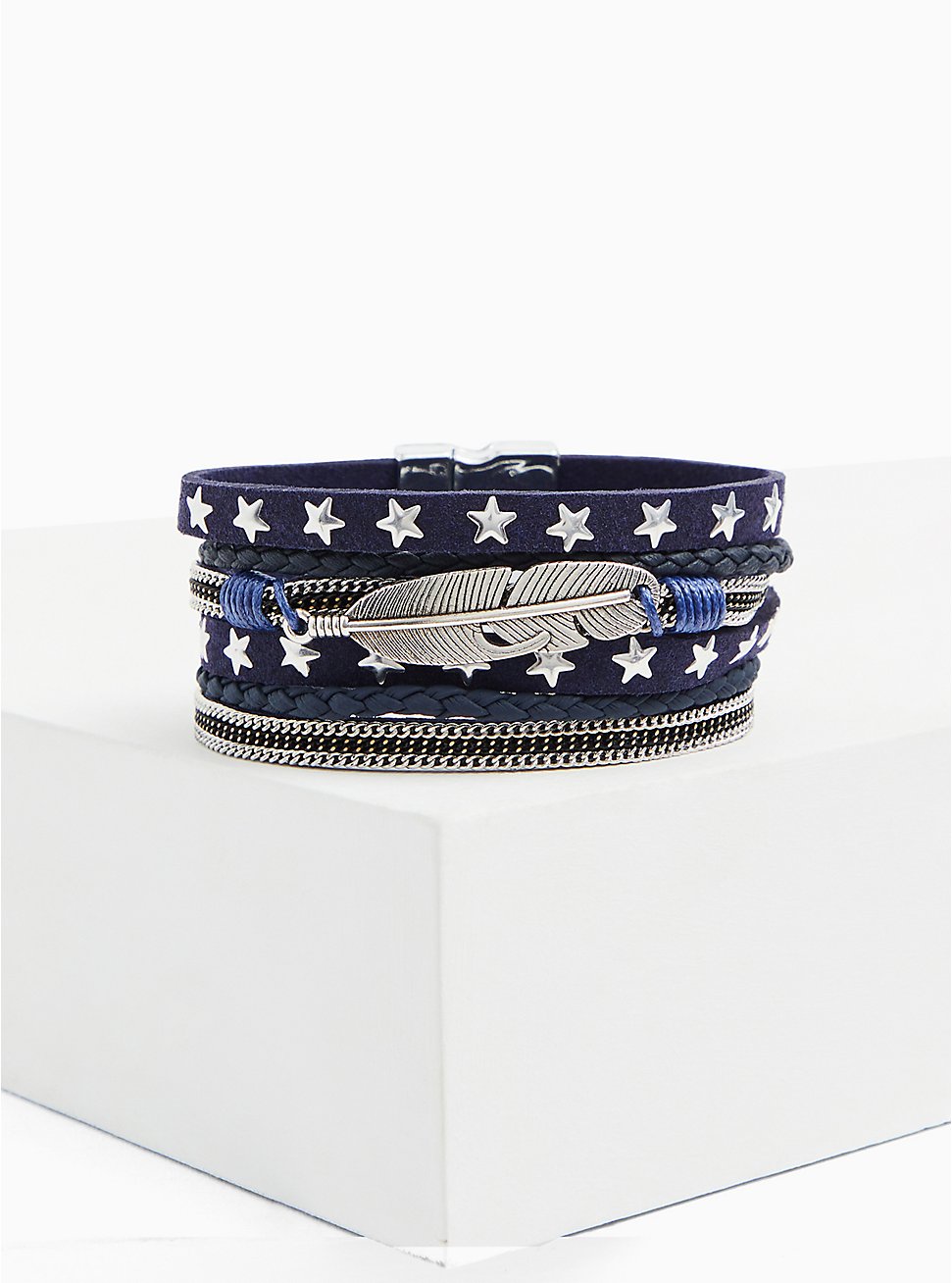 Plus Size Navy & Silver-Tone Star Magnetic Bracelet, BLUE, hi-res