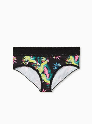 Plus Size - Black Tropical Leaves Wide Lace Cotton Cheeky Panty - Torrid
