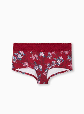 Plus Size - Red Floral Wide Lace Cotton Boyshort Panty - Torrid