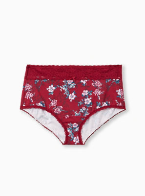 Plus Size - Red Floral Wide Lace Cotton Brief Panty - Torrid