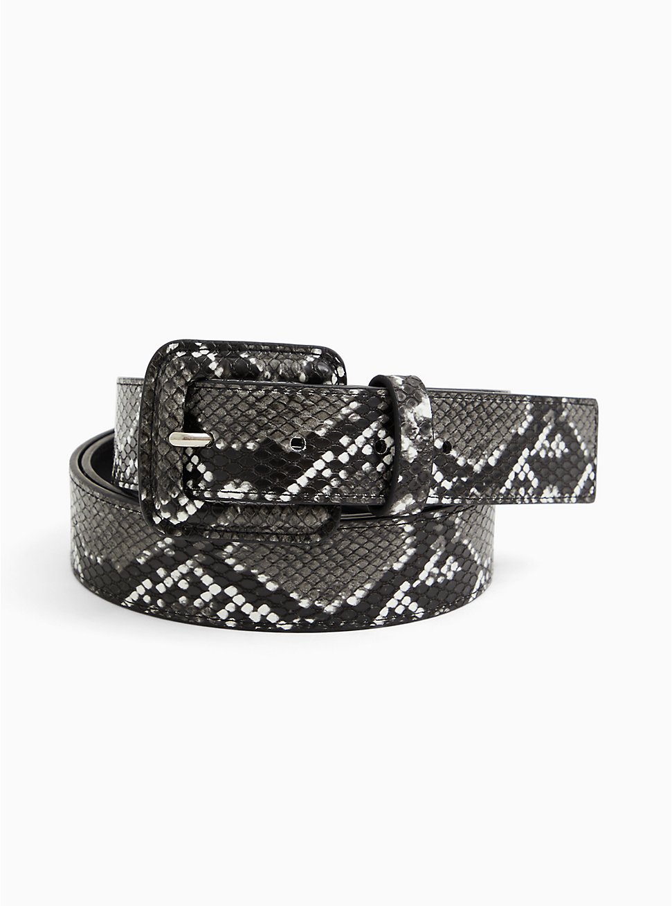 Dark Grey Snakeskin Print Faux Leather Buckle Belt, BLACK, hi-res