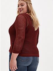 Rust Red Open Stitch & Pointelle V-Neck Crop Pullover Sweater, MADDER BROWN, alternate
