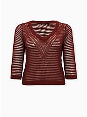 Rust Red Open Stitch & Pointelle V-Neck Crop Pullover Sweater, MADDER BROWN, hi-res