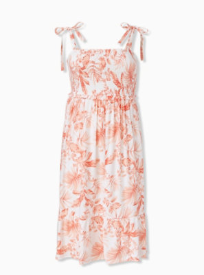 Plus Size - White & Coral Floral Challis Tie Strap Smocked Midi Dress ...