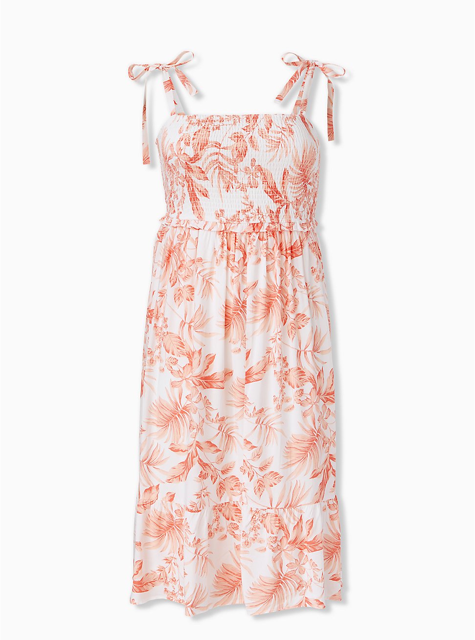 Plus Size White & Coral Floral Challis Tie Strap Smocked Midi Dress, FLORAL - WHITE, hi-res