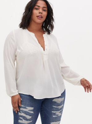 Plus Size - Ivory Georgette Pintuck Button Down Blouse - Torrid