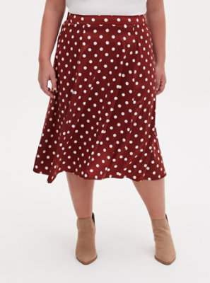 Plus Size - Brick Red Polka Dot Satin A-Line Midi Slip Skirt - Torrid