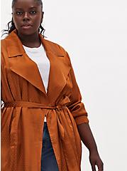 Plus Size Copper Dotted Jacquard Self Tie Trench Jacket, COPPER, alternate