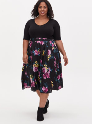 Plus Size - Black Floral Knit to Woven Self Tie Midi Dress - Torrid