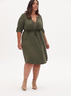 Plus Size - Olive Green Cupro Zip Front Drawstring Shirt Dress - Torrid