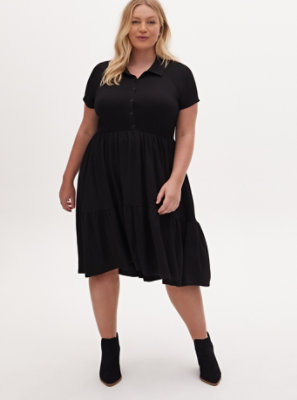 Plus Size - Black Slub Rib Shirred Hem Skater Dress - Torrid
