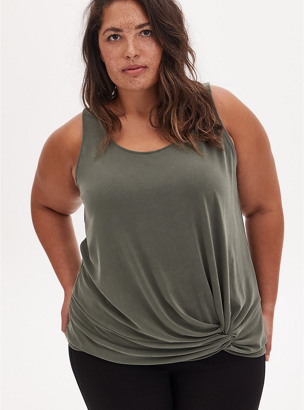 Plus Size - Olive Green Cupro Knot Front Tank - Torrid