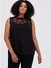 Plus Size Black Sheer Mesh Embroidered Ruffle Sleeveless Blouse, DEEP BLACK, hi-res