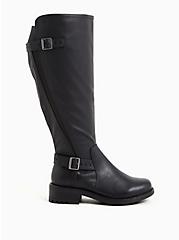 Plus Size Black Faux Leather Curved Knee-High Boot (WW), BLACK, alternate