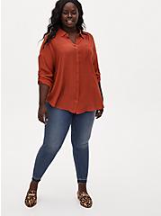 Plus Size Red Terracotta Gauze Button Front Relaxed Fit Tunic Shirt, TANDOORI SPICE, alternate