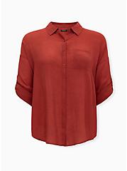 Plus Size Red Terracotta Gauze Button Front Relaxed Fit Tunic Shirt, TANDOORI SPICE, hi-res