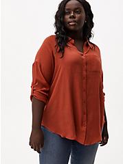 Plus Size Red Terracotta Gauze Button Front Relaxed Fit Tunic Shirt, TANDOORI SPICE, hi-res