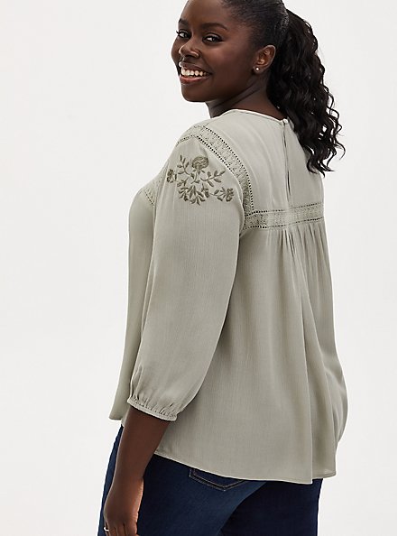 Sage Green Crinkle Gauze Embroidered Blouse, SEAGRASS, alternate