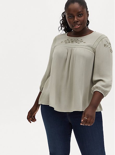 Sage Green Crinkle Gauze Embroidered Blouse, SEAGRASS, hi-res