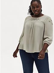 Plus Size Sage Green Crinkle Gauze Embroidered Blouse, SEAGRASS, hi-res